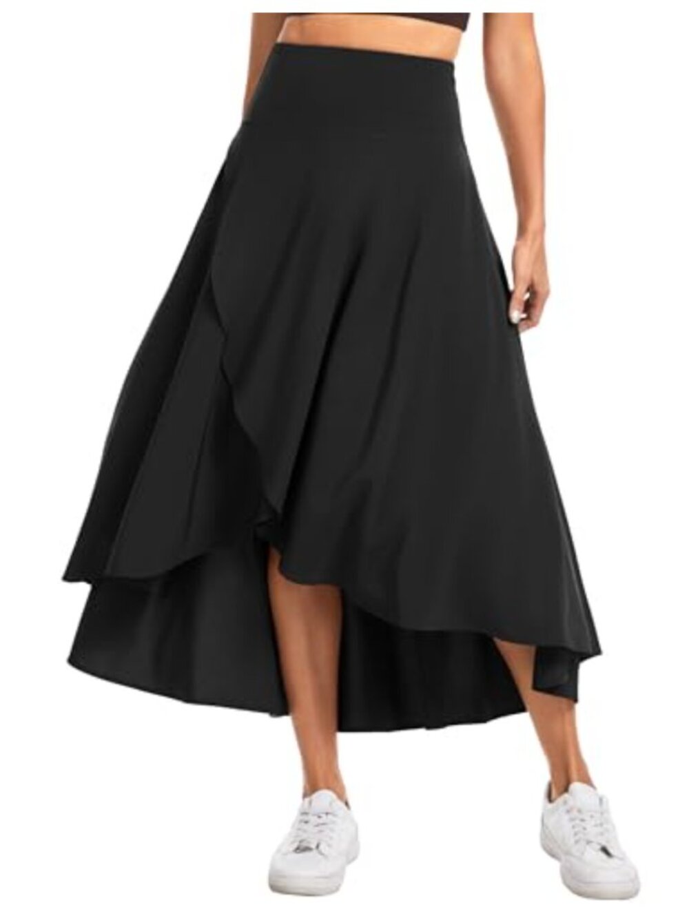 High Waist Flowy Wrap Skirt with Pockets, High-Low Asymmetrical Skort
